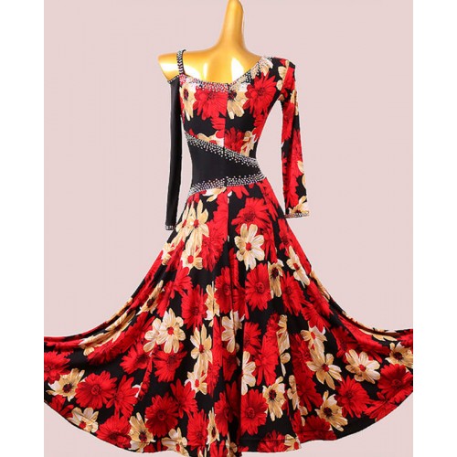 Custom size Red floral printed competition ballroom dancing dresses for women girls kids bling waltz tango foxtrot smooth dance long skirts rhythm dance gown 